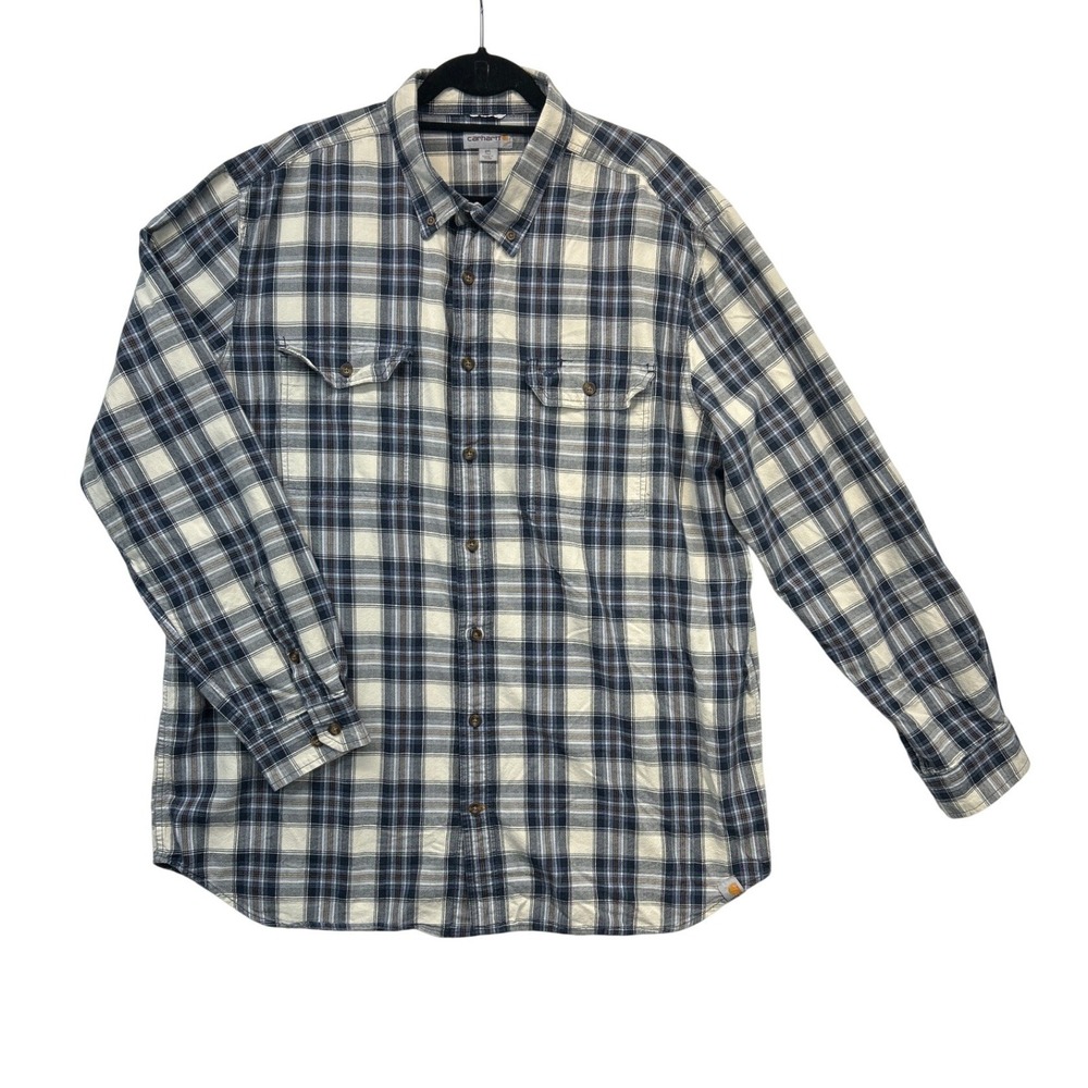 Carhartt Shirt Mens 2XL Tall Navy Blue‎ Plaid Button Relaxed Fit Rugged Utility